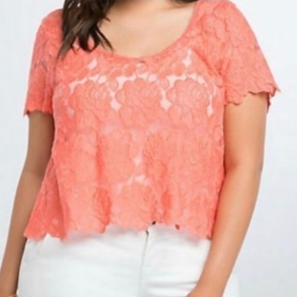 Torrid coral lace crop top size large semi sheer mesh